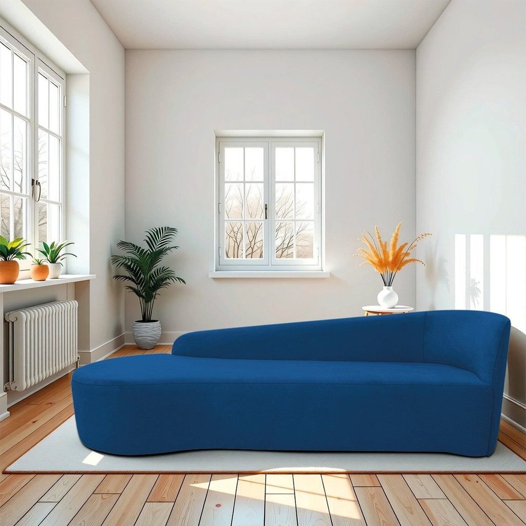 Recamier Curvo Orgânico 200cm 3 Lugares Lado Esquerdo para Sala de Estar em Linho Paris Azul Royal Azul Royal