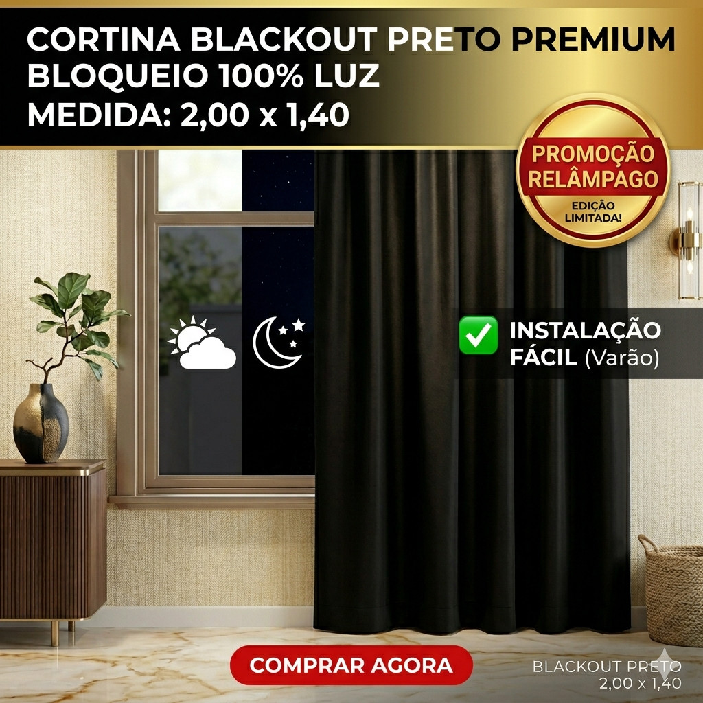 Cortina Blackout 2,00x1,40 Preta em Tecido Grosso Corta Luz Sala Quarto Premium