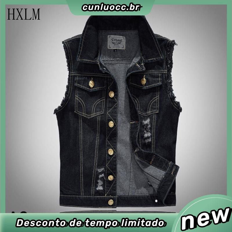 Colete jeans masculino, jeans estilo cowboy desgastados, colete moderno, jaquetas sem mangas, regatas com estampa de ban