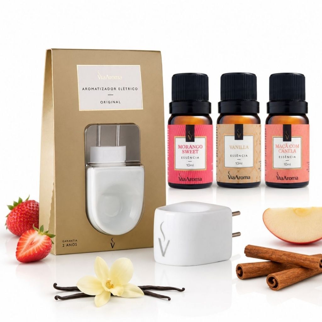 Kit Aromatizador Elétrico de Porcelana e Essências Vanilla Maça Canela e Morango