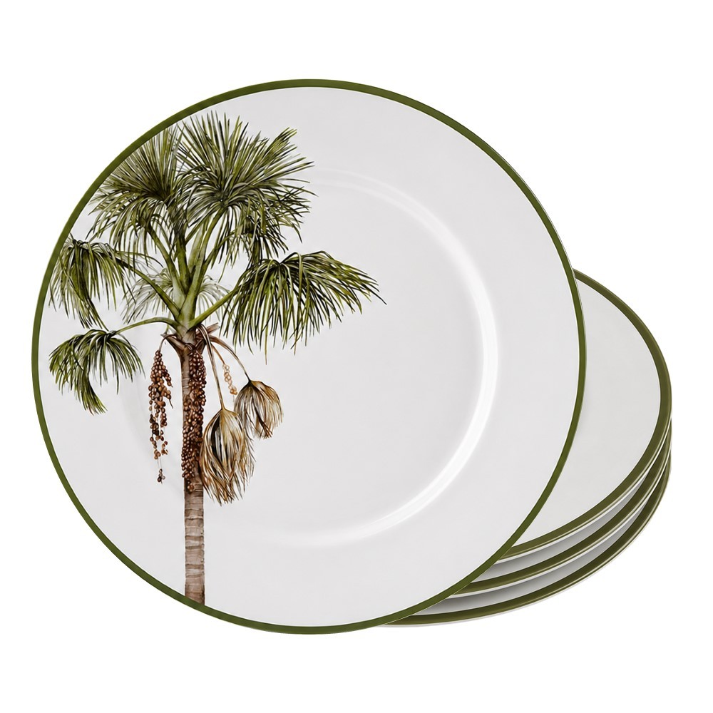Jogo 4 Prato Raso de Cerâmica Branco Tropical Malibu Coqueiro Palm 29cm Alleanza
