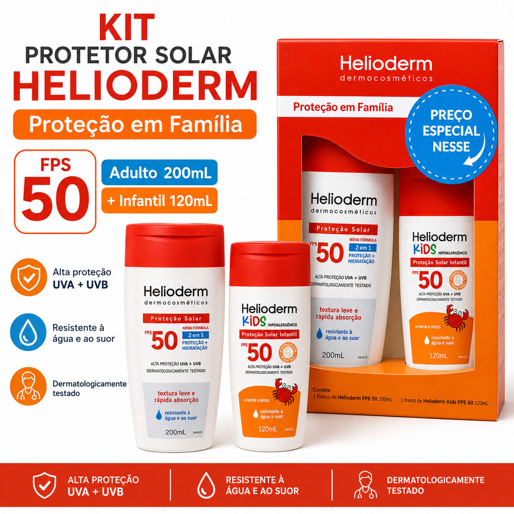 Kit Protetor Solar Helioderm FPS 50 Família Adulto 200ml + Infantil Kids 120ml UVA UVB