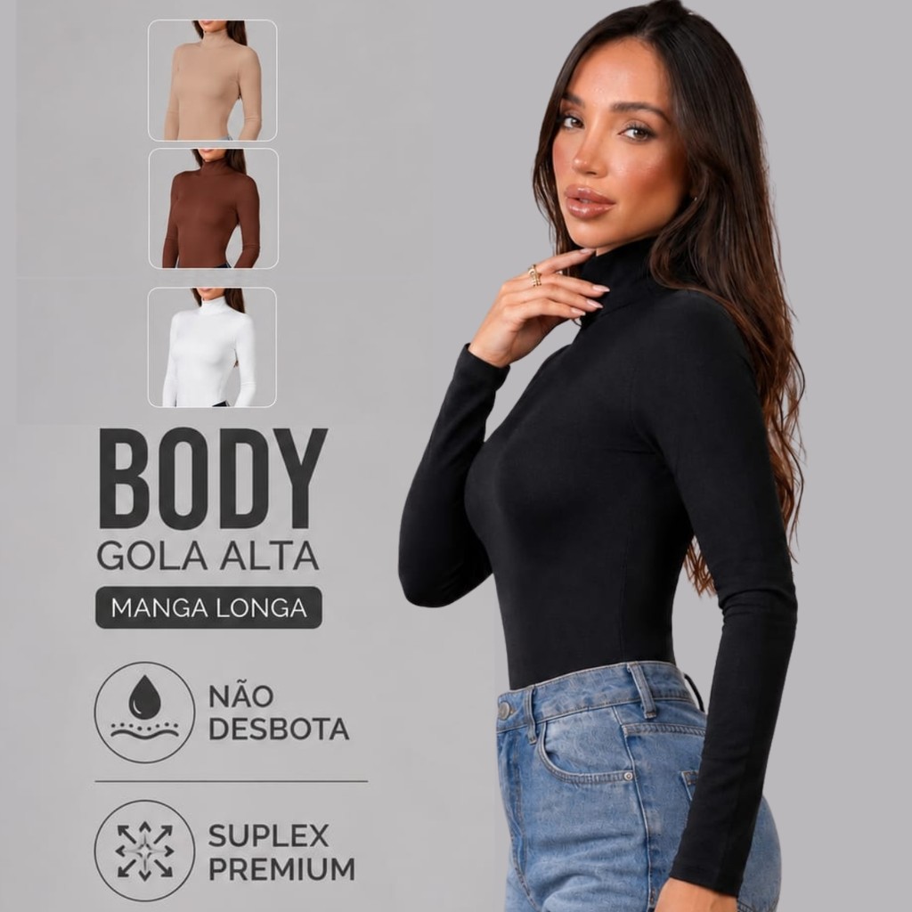 Body Feminino Cacharrel Manga Longa Gola Alta Suplex Premium Segunda Pele Inverno Elegante