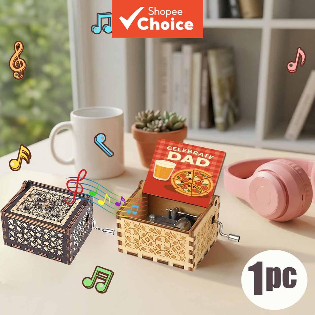 1pc Caixa de Música de Madeira Vintage Crank-Hand com Pizza e Cerveja Deliciosa para Celebração do Pai, Presentes de