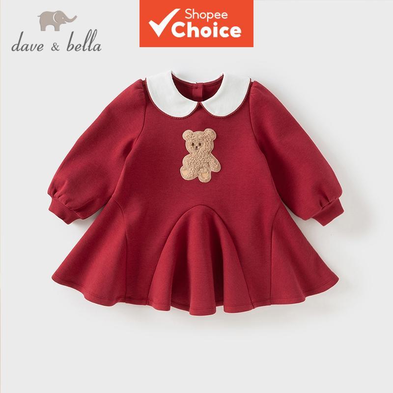 Dave Bella Vestido de bebê menina de malha de outono, bonito e fofo com desenho de urso, vestido vermelho de manga longa