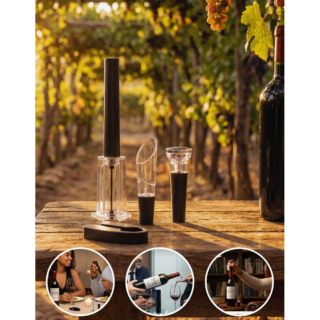 Kit Saca Rolha Abridor de Vinho Por Pressão Completo Acessórios 4 Peças Moderno Preto Mimo Style