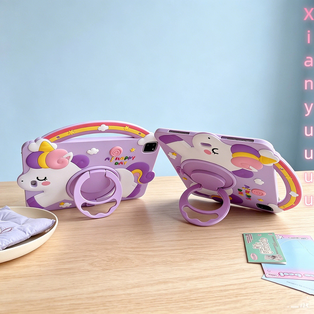 Capa De Silicone Para IPad De Unicórnio Arco-Íris 3D Fofo De Desenho Animado Roxo Com Alça E 360 ° Suporte Giratório IPa