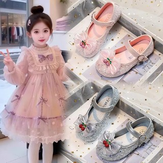 Meninas sapatos de princesa 2026 primavera outono novo estilo menina strass arco brilhante desempenho sapatos de couro d