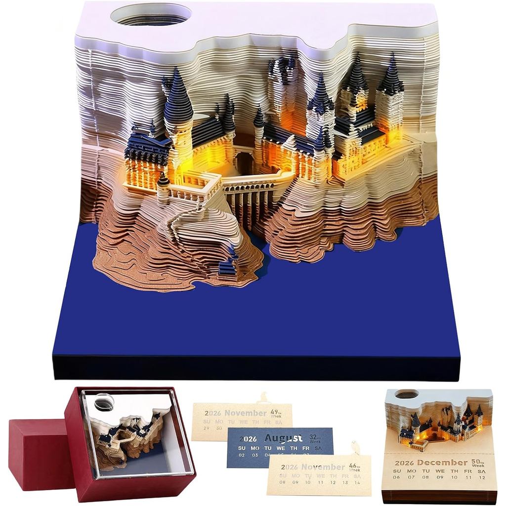 Calendário 3D 2026, Calendário Relógio 2026, Notas Adesivas 3D 2026 com Luz, Bloco de Notas Artístico Castelo Mágico, Pr