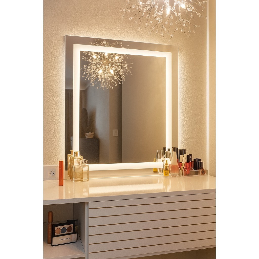 Espelho Decorativo Jateado Retangular com LED Toutch 50x40– Ideal para Banheiro, Sala ou Penteadeira