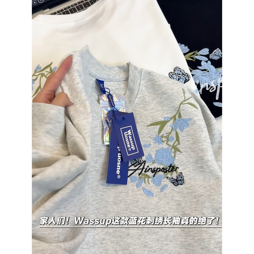 Branco puro algodão bordado de manga comprida camiseta masculino feminino estilo 2026 novo estilo primavera outono juven