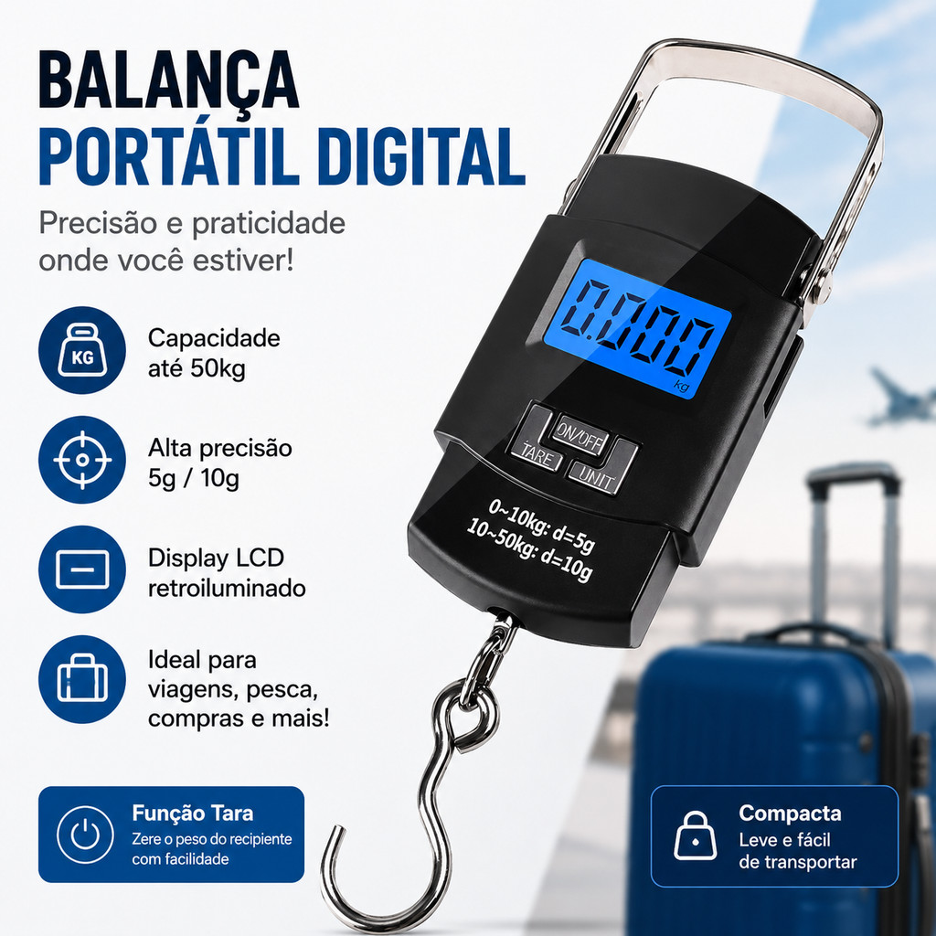 Balança Digital de Mão para Pesca, Mala e Bagagem até 50 kg