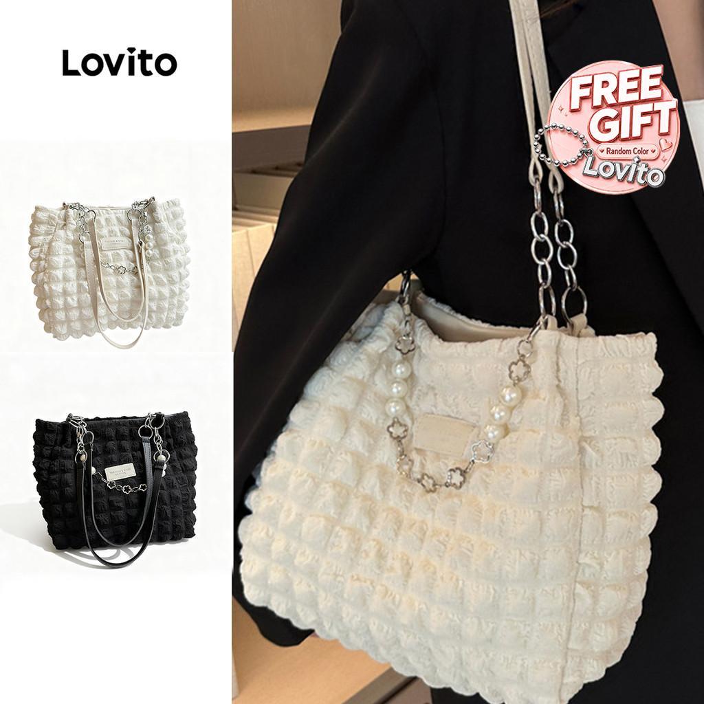 Lovito Bolsa Tote Casual De Ombro Para Viagens Uso Diário Escola/estudantis Moda Coreana Lisa E Básica Para Mulheres Modelo LFA04001 (branco/preto)