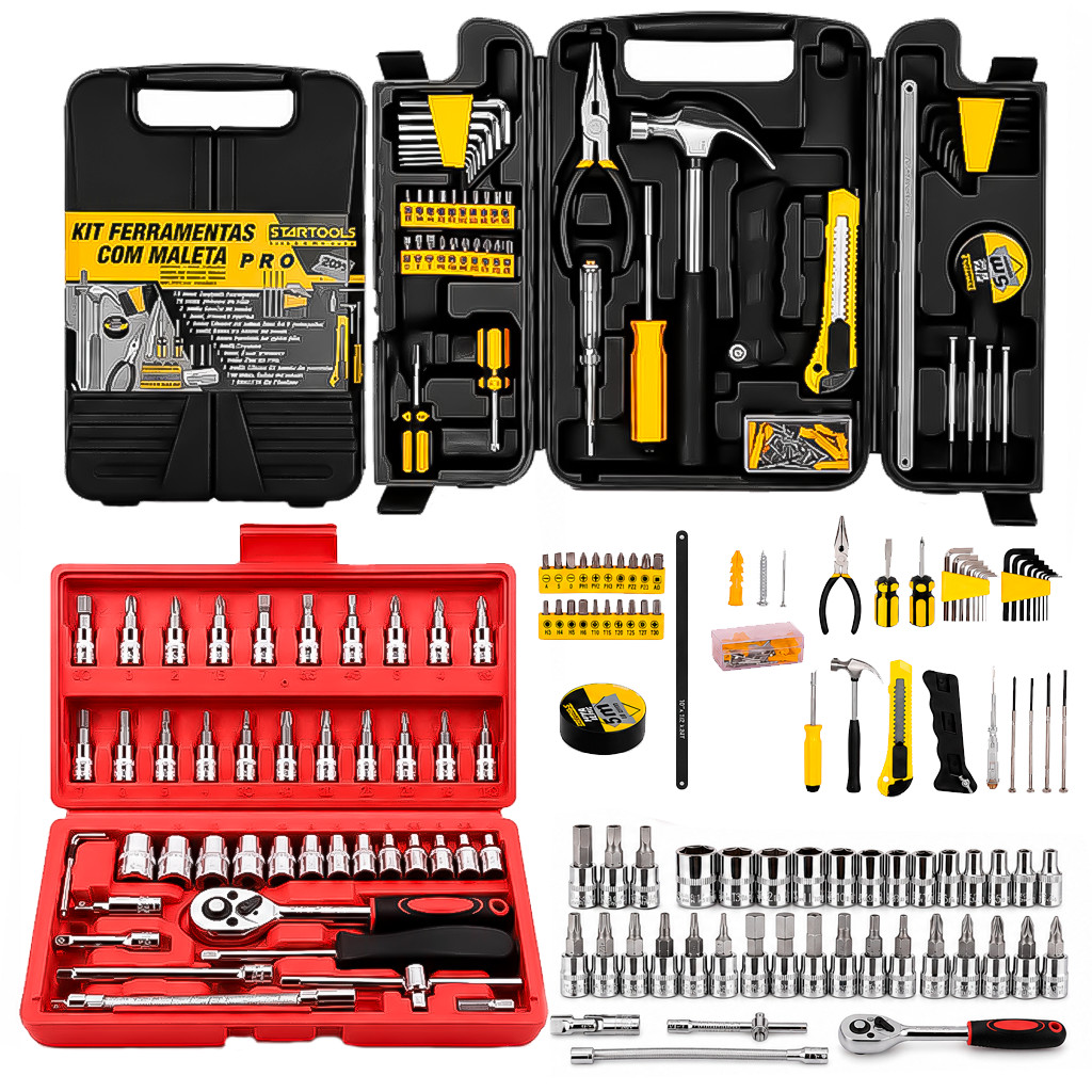 Kit Ferramentas Multiuso 246 Peças Com Catraca Soquetes Bits Chaves E Maleta