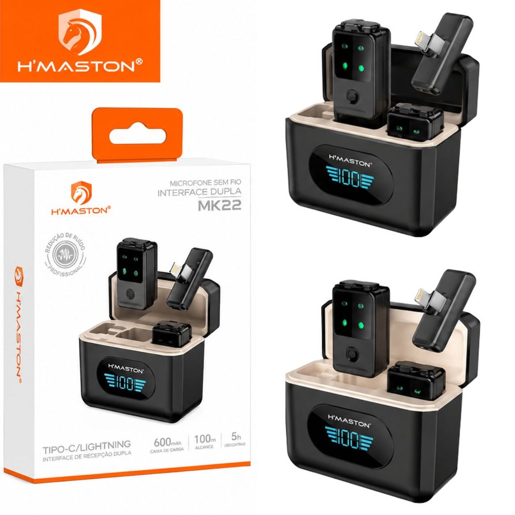 Kit 2 Microfone de Lapela Profissional Sem Fio Receptor Tipo-C e Lightning com Redução de Ruído