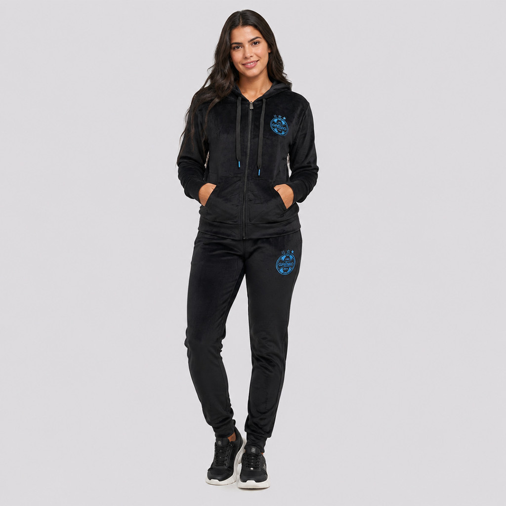 Agasalho Grêmio Plush Feminino Preto e Azul