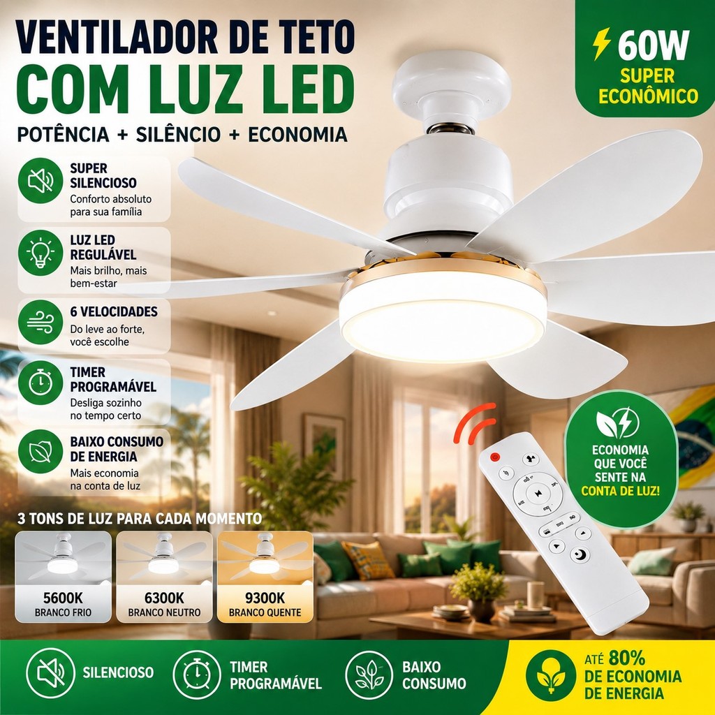 Lâmpada Ventilador de Teto 60W Potente LED Lâmpada E27 Controle Remoto Luminária 6 Hélices Bivolt