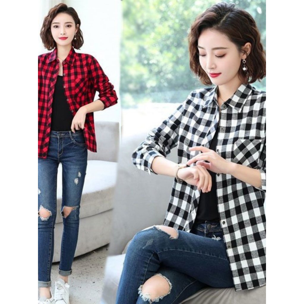 2024 primavera outono camisa novo estilo xadrez estilo ocidental feminino versão coreana moda Retro de manga comprida se