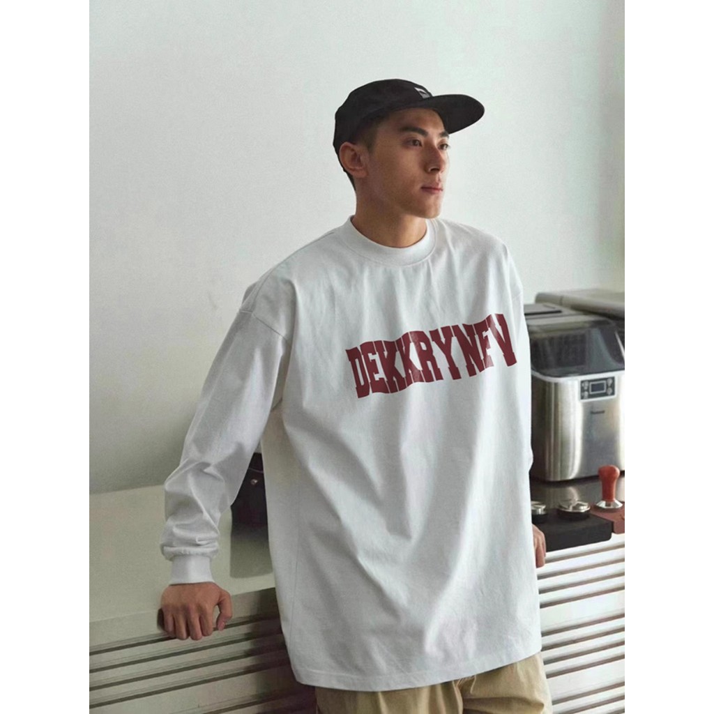 Nacional na moda carta impressa pequeno decote de manga comprida camiseta masculina outono vintage solto algodão pesado 