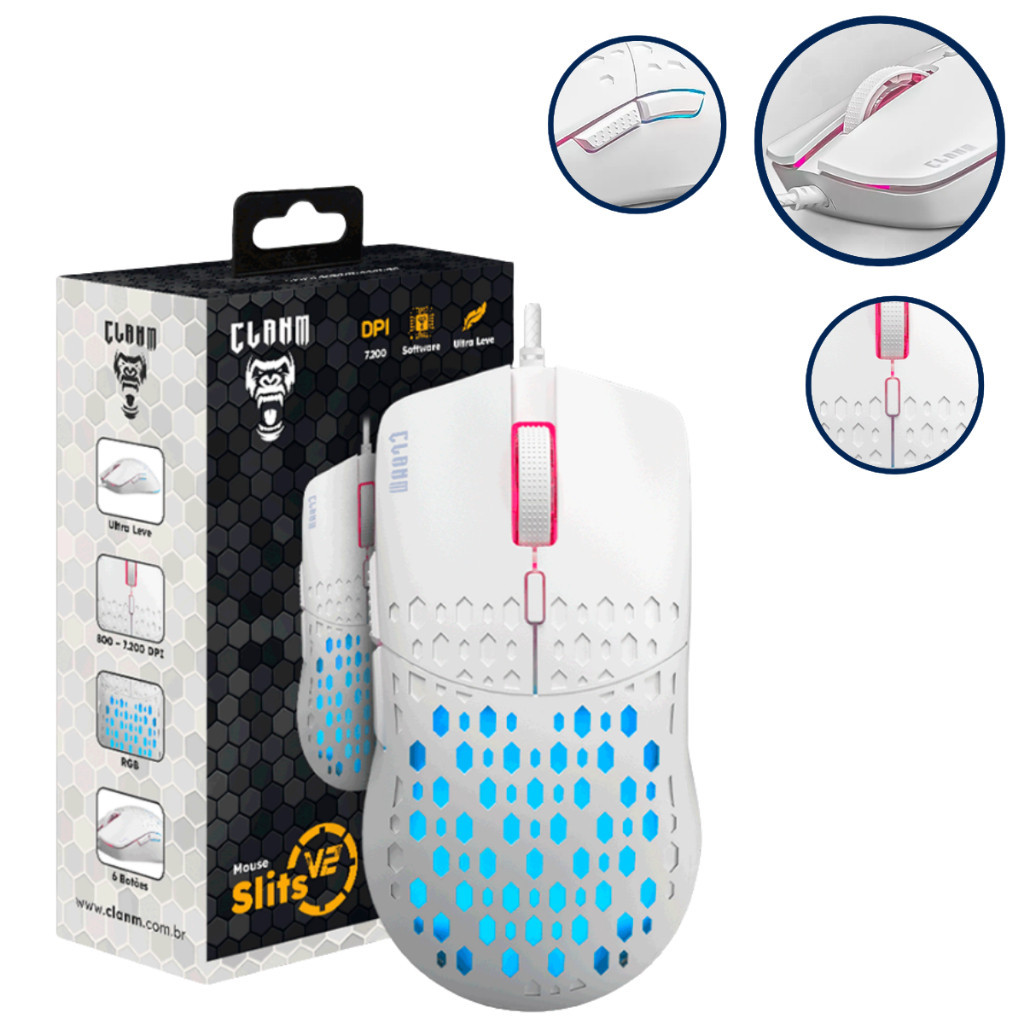 Mouse Gamer Clanm V2 Led Rgb 7 Botões 7.200 DPI Slits Cabo USB 1,5m