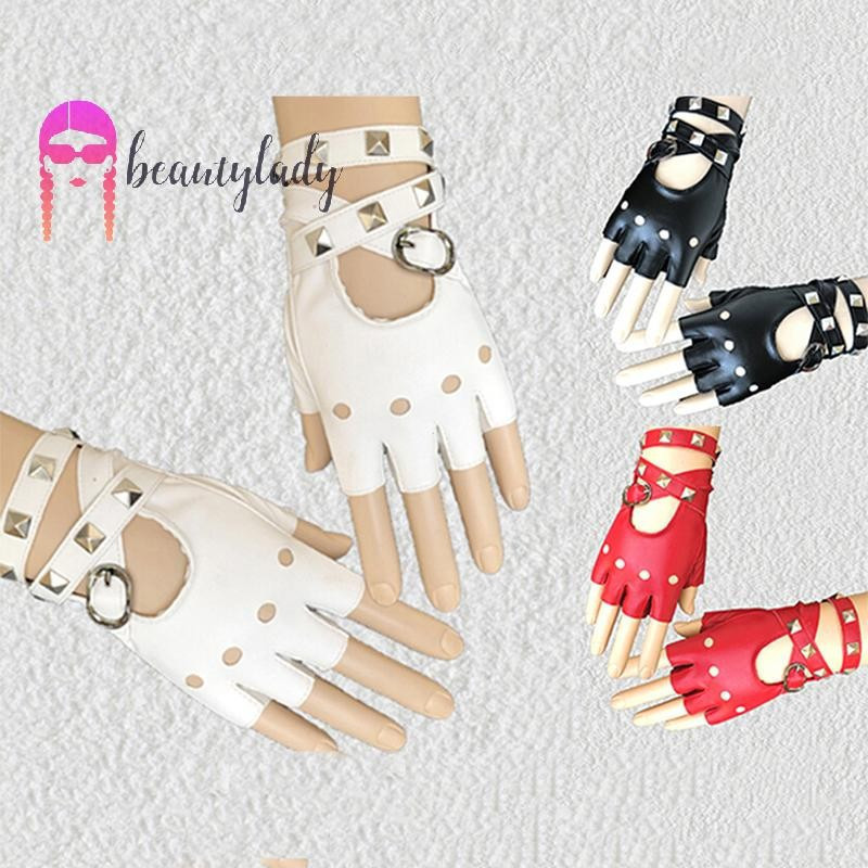 beautymakeup Luvas Femininas de Couro Meio-Dedo com Cinto de Rebites Estilo Punk para Festa de Halloween Novo Estilo KSD