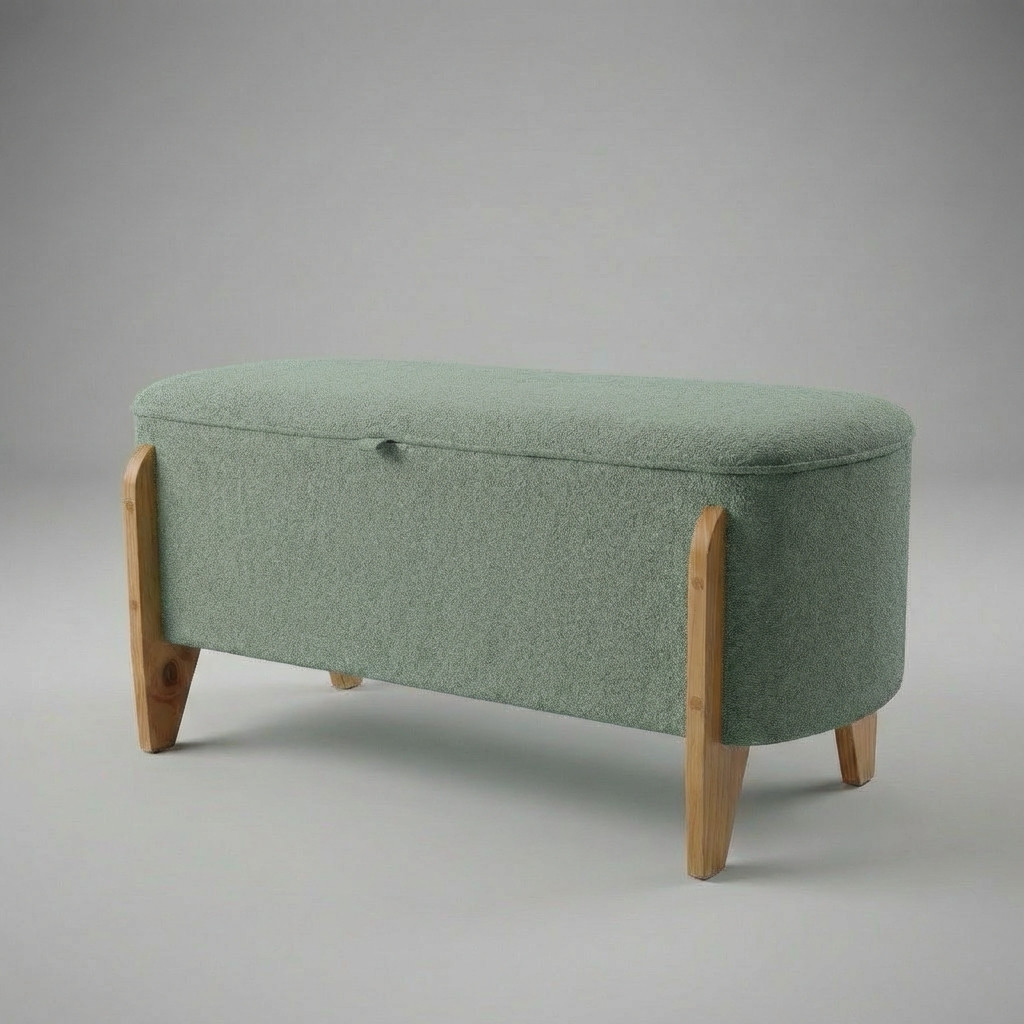 Banco Baú Oval Bouclé 120cm Grande Pés Madeira Sapateira Organizador Brinquedo Quarto Casal - Cores