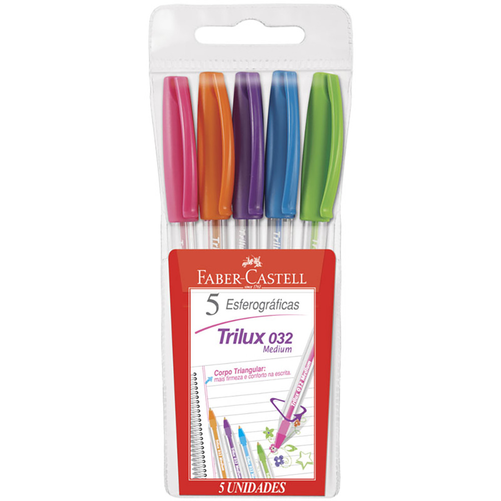 Caneta esferográfica 1.0 Trilux Colors 032/ESC com 5 unidades Faber-Castell