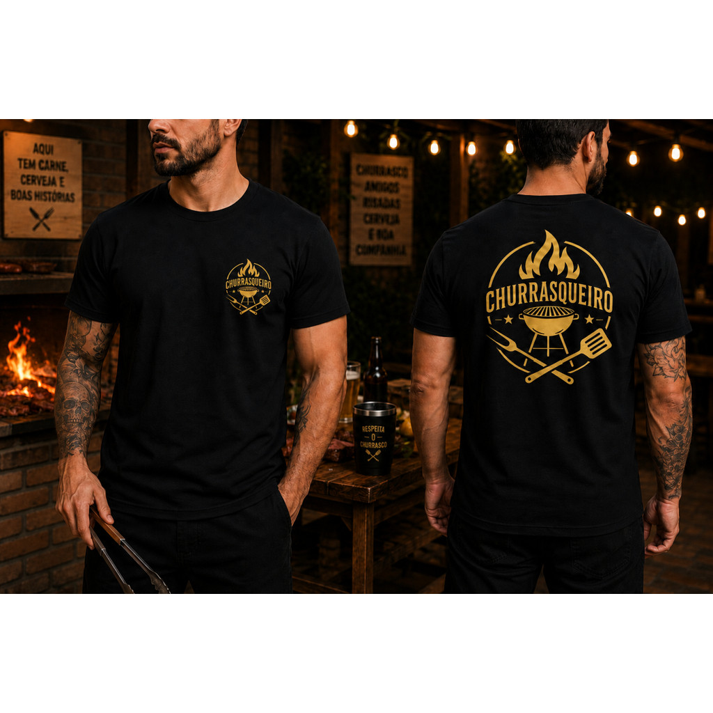 Camiseta Churrasqueiro Profissional  Uniforme Camisa Churrasco Estampa Dourada