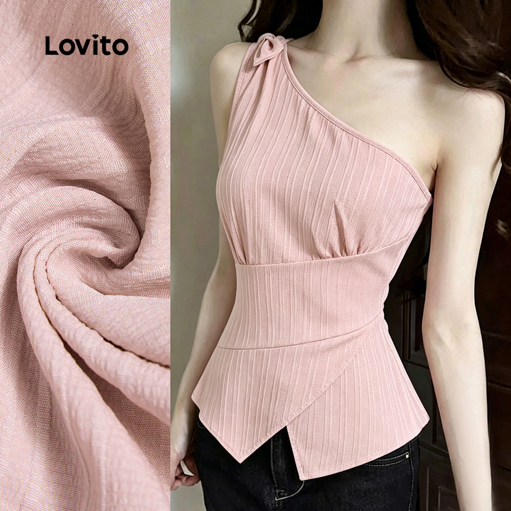(New Arrival) Lovito Top Casual Plissado Assimétrico Rosa Primavera/verão para Mulheres L196LD038