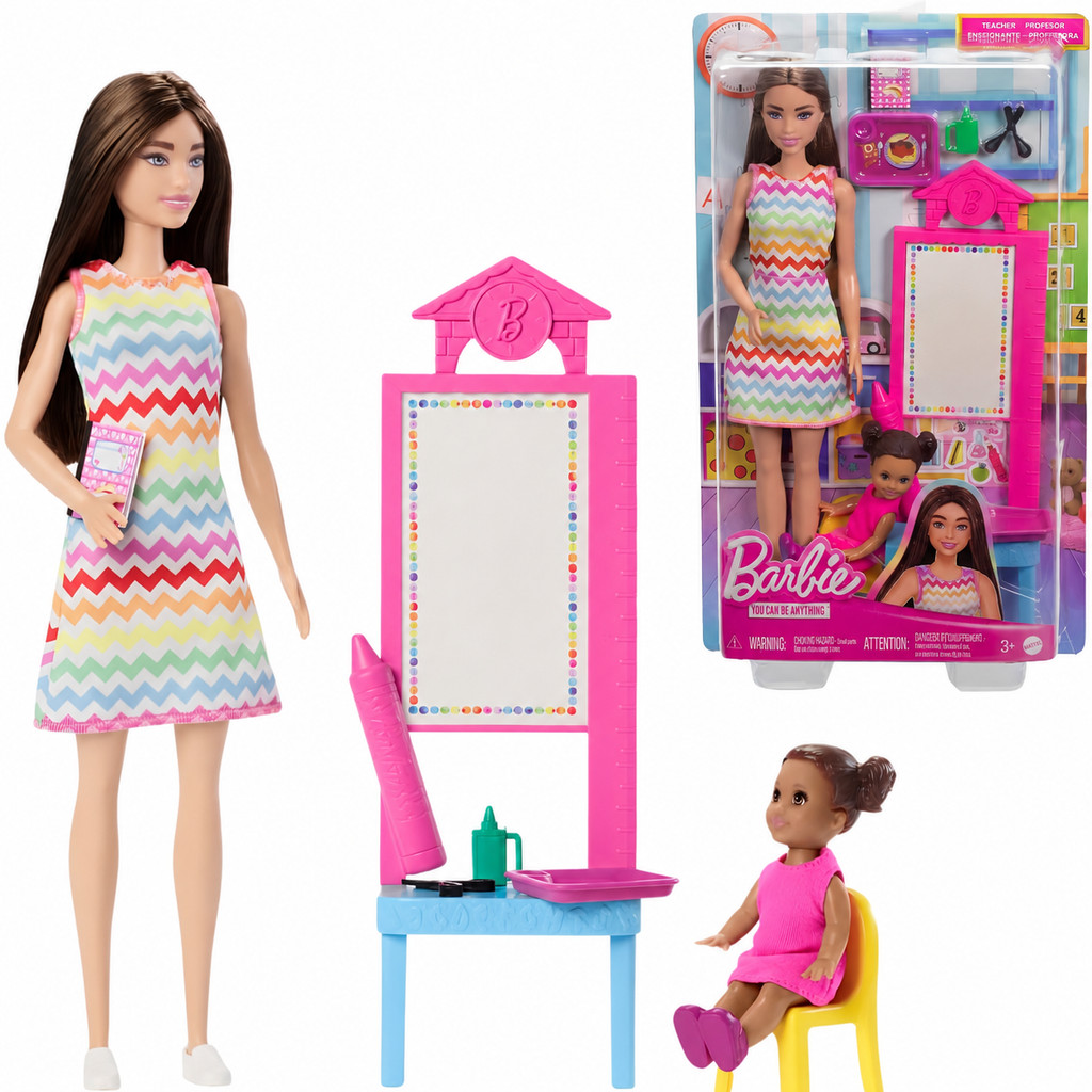 Boneca Barbie Profissões Educadora Cabelo Castanho Com Aluna Negra E Acessórios