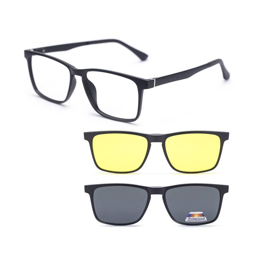 Armação de Oculos Grau e Sol Preto Polarizado Clip On 3 em 1 Masculino Troca Lente Amarelo Dirigir a Noite Mod 3512