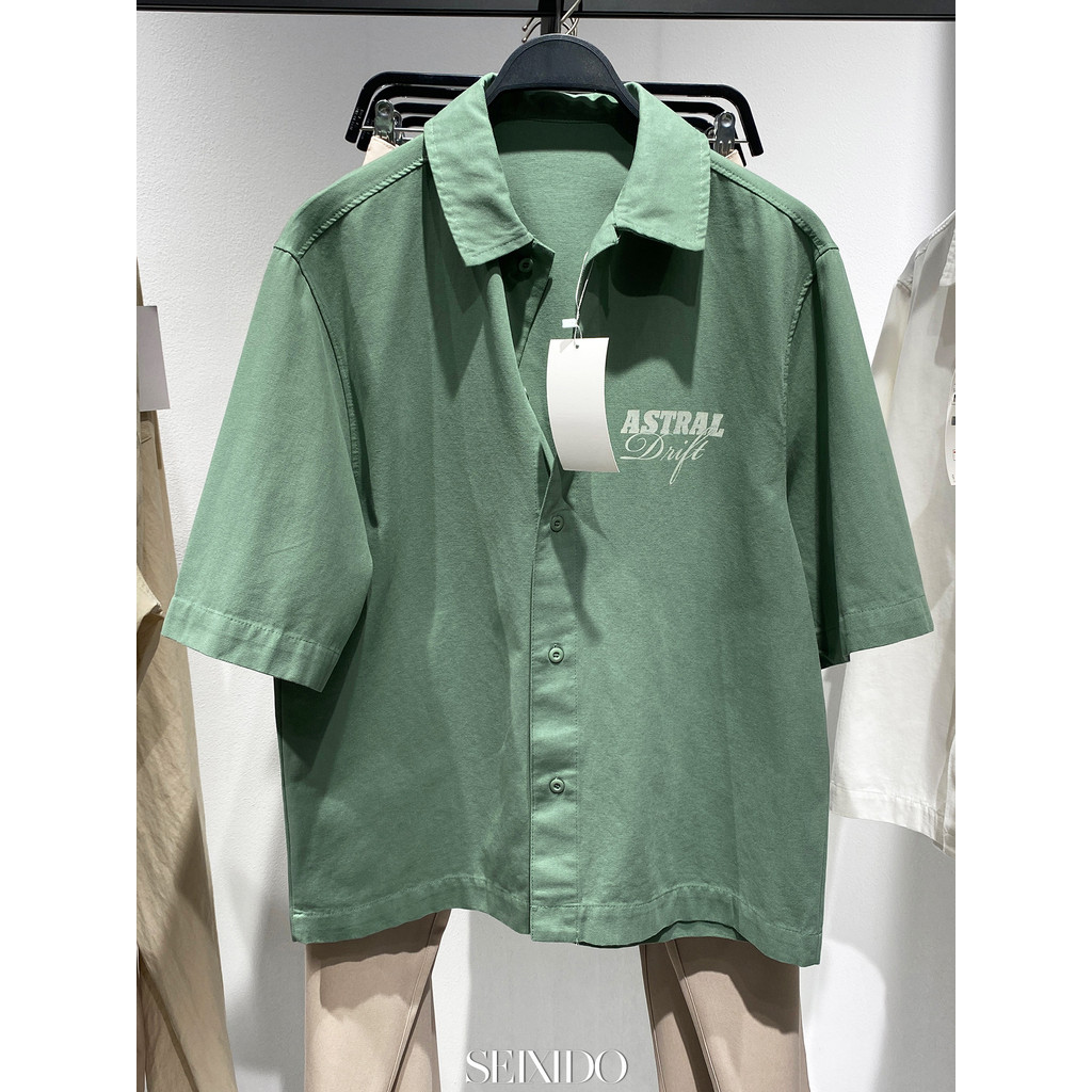Armário 329!Camisa masculina de verão de algodão solta estampada lavada manga ombro caído camisa de manga curta6085410 5