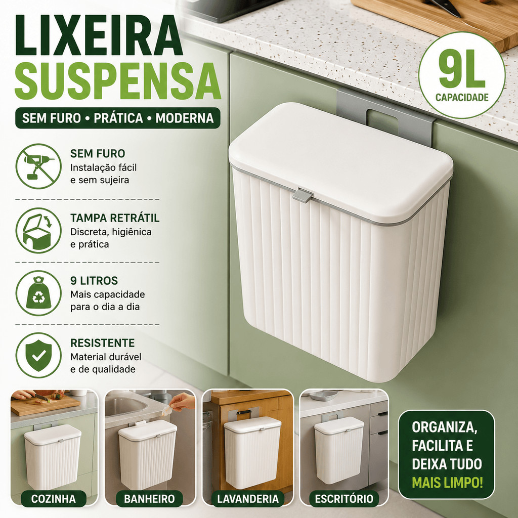 Lixeira Suspensa Sem Furo 9L - Tampa Retrátil, Multiuso Para Porta Armário, Cozinha E Banheiro