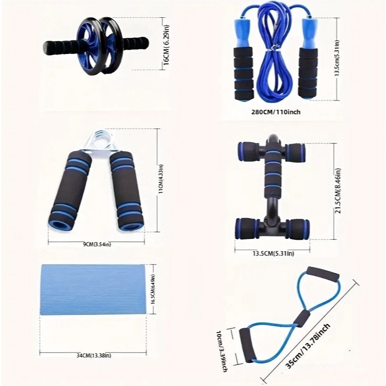 Kit de Fitness 6 em 1: Roda Abdominal, Corda de Exercícios, Faixa Elástica, Apalpador de Mão, Tapete para Treino em Casa