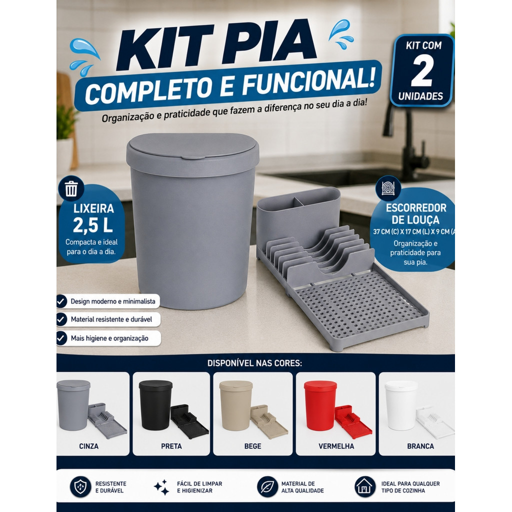 Kit Cozinha Lixeira de Pia Escorredor de Louça Organizador Bancada Porta Talher Compacto