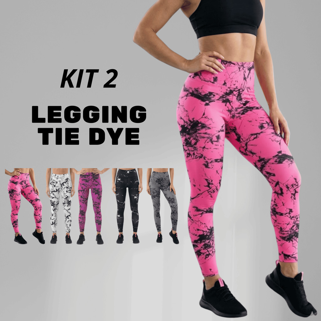 Kit 2 Calças Legging feminina tie dye academia fitness zero transparência cós alto legue marmorizada