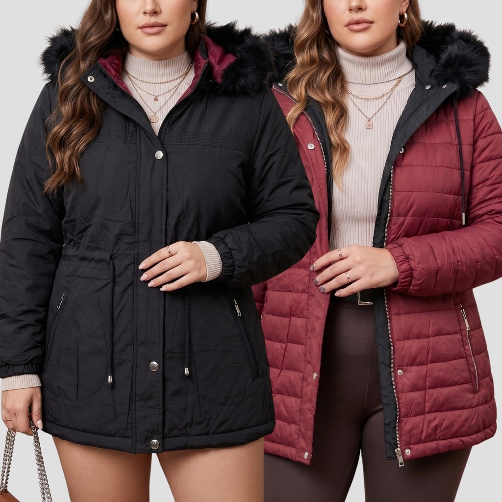 Parka Dupla Face Feminina Casaco De Frio Intenso Plus Size Inverno Capuz Removível Pelinhos Casual — imagem 2 de 2