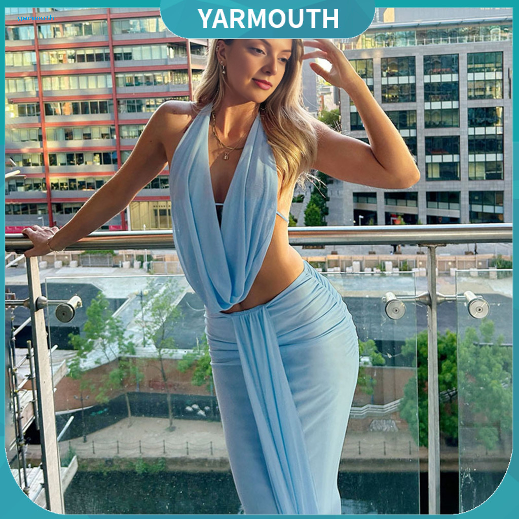 Summer Skirt Suit for Women Open Back Outfit Women’s Two-piece Set Mesh Crop Top Wrap Bodycon Maxi Sexy Cowl Neck Halt