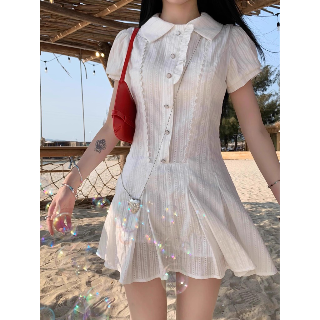 Francês branco Puff manga vestido feminino verão cintura estreita A linha saia camisa saia curta pequena saia bonita