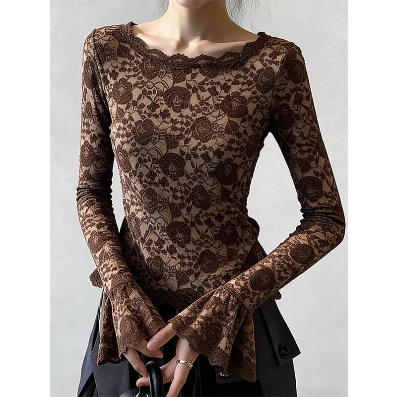 Blusa Feminina De Manga Comprida Com Renda Francesa Retrô Oca Em Crochê