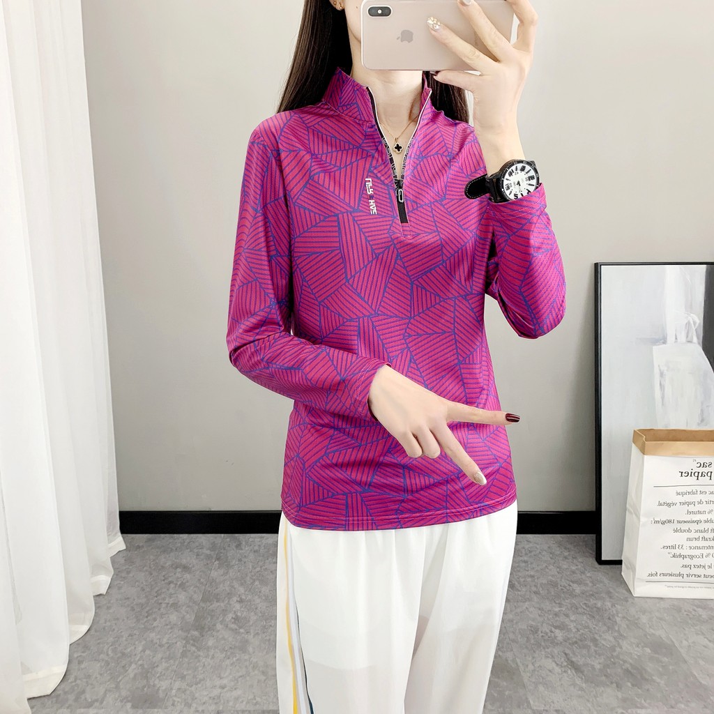Camiseta feminina estampada de manga comprida de secagem rápida primavera outono estilo fino gola alta absorvente de suo