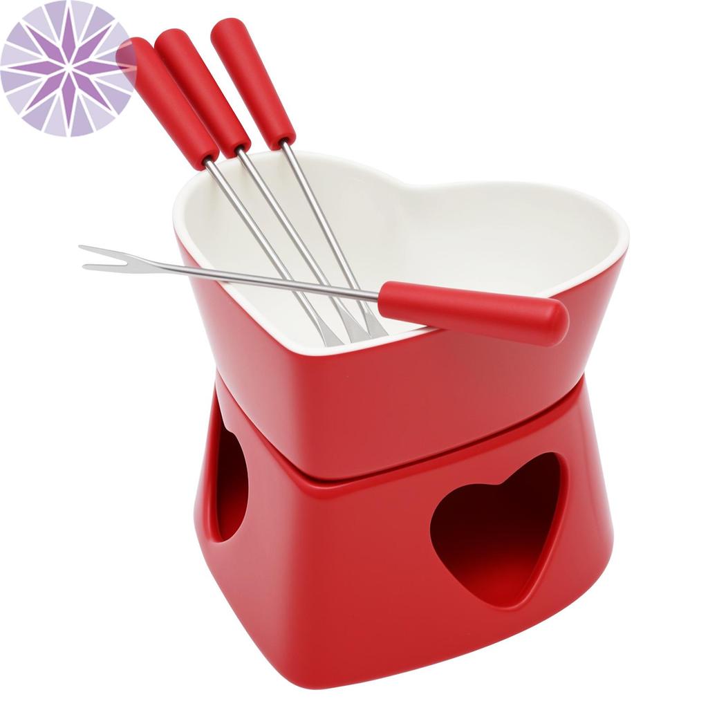 Pote De Cerâmica Para Derreter Queijo E Chocolate , Com 4 Garfos , Mini Queimador De Porcelana , Fondue Leve De Manteiga