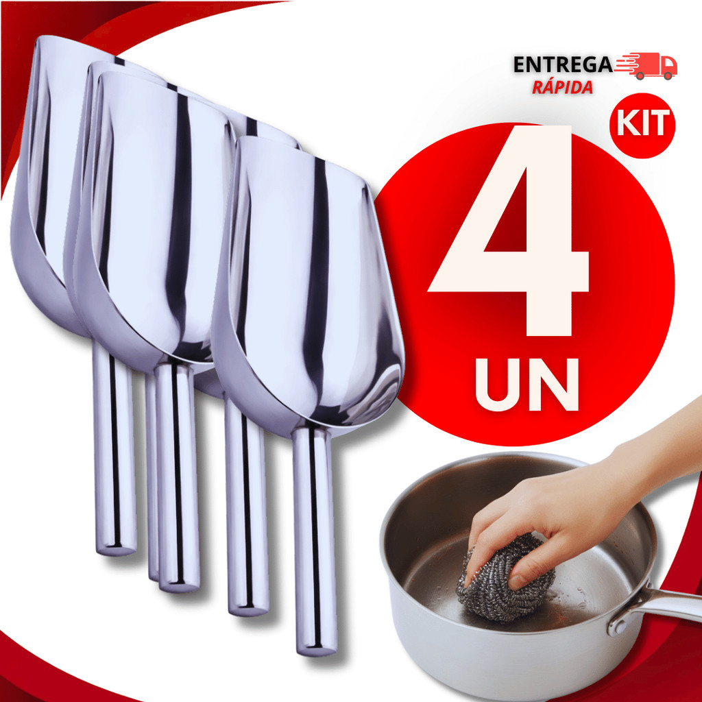 Combo Pá Inox Concha Dosador de Gelo 9' Pet Pegador Cereal Grão Ração Cozinha Multiuso Utensílios