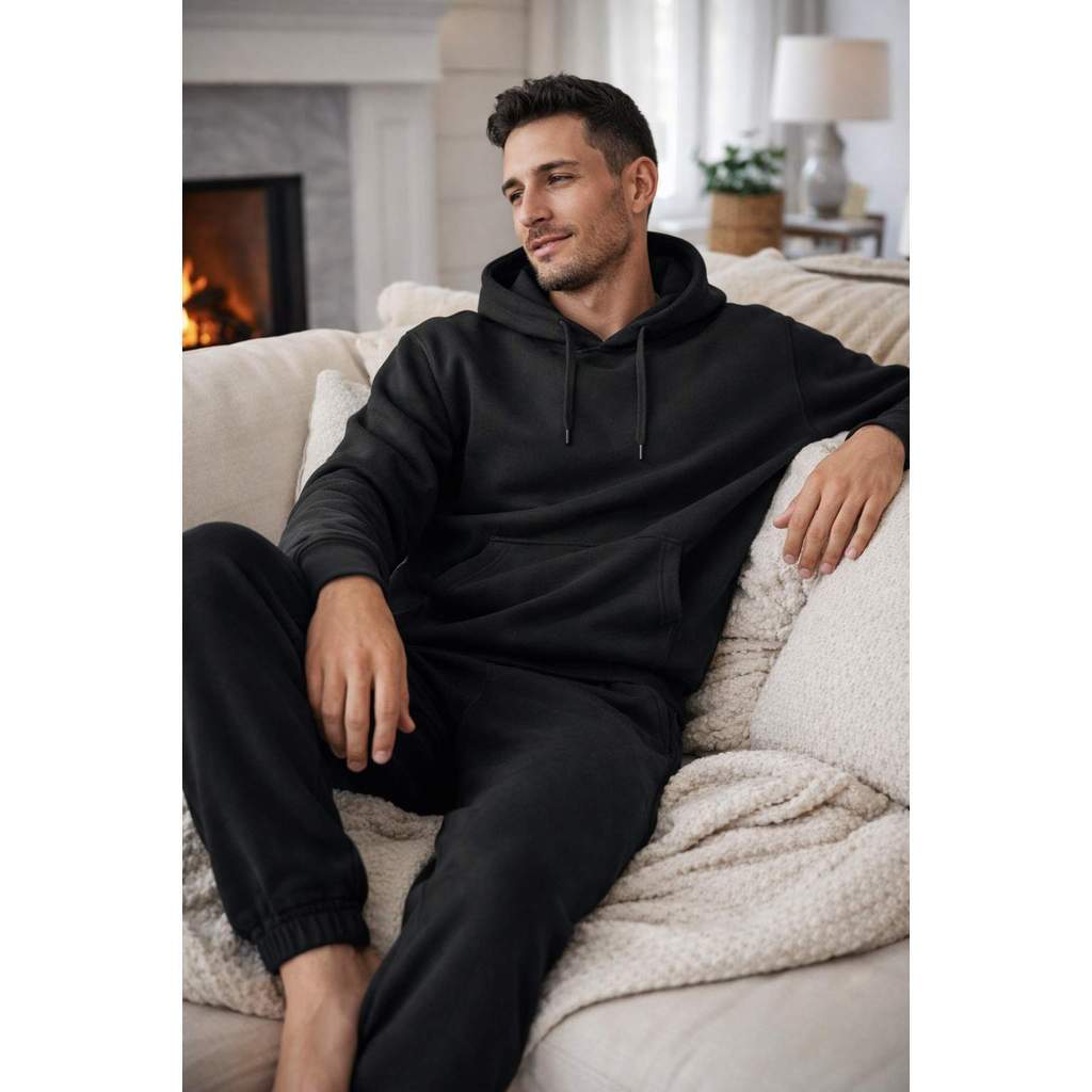 Kit Conjunto Moletom Capuz Canguru Blusa de Frio + Calça Flanelada Preta Inverno Quentinho Masculina Feminina Unissex