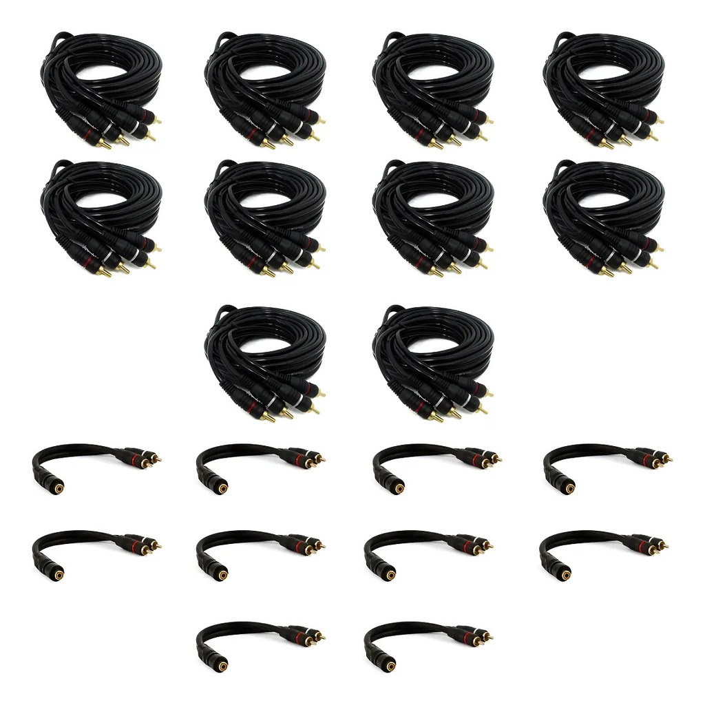 Kit 10 Cabo Rca 5m Permak 5 Metros + 10 Cabo Y 1f + 2m Conector Banhado Ouro Cabos Reforçados Mais Grosso 5mm Para Som