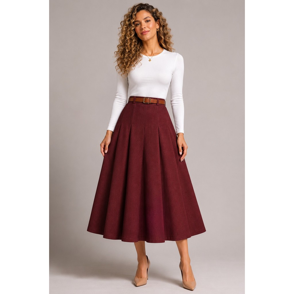 Saia Midi Linho Elegante Confortável  Feminina Cintura Alta com Cinto  Evangélica Escritorio Congresso 