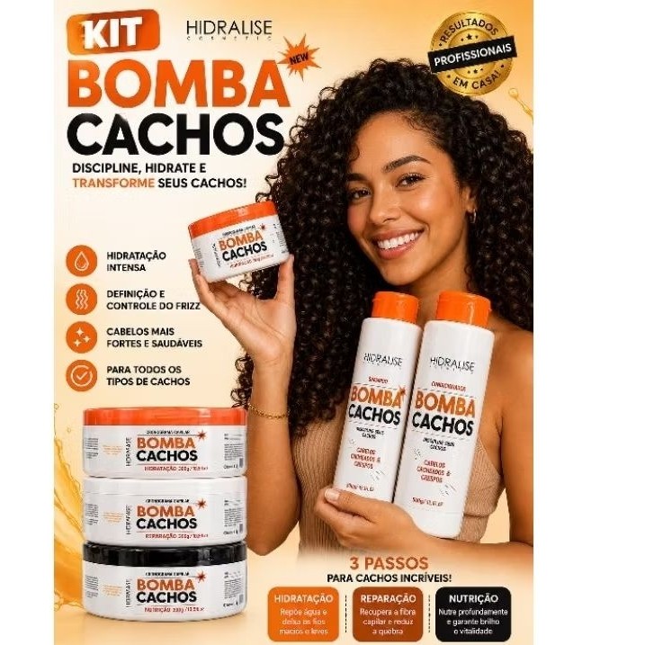 Kit Bomba Cachos Hidralise Shampoo + Condicionador+ Cronograma Capilar Completo para Cabelos Cacheados e Crespos