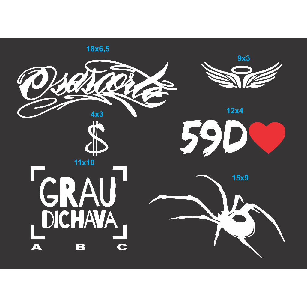 Kit 006 Adesivos GRAU DICHAVA, 59D, ARANHA , CIFRÃO, ANJO Moto, OSASCORTE