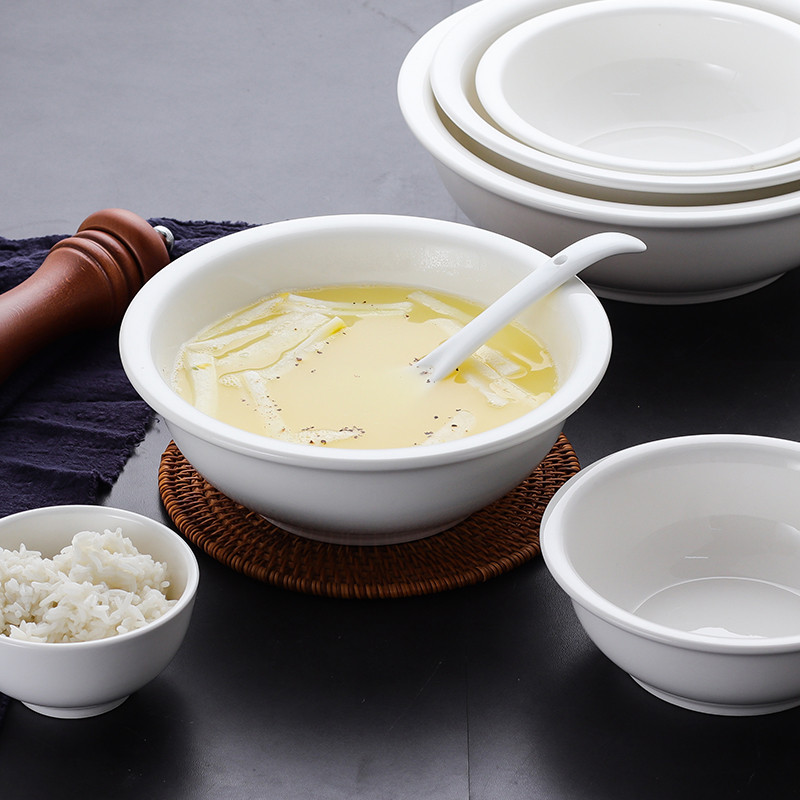 Tigela de sopa grande de cerâmica branca pura, talheres, sopa, macarrão antigo, panela de sopa grande espessada, redonda