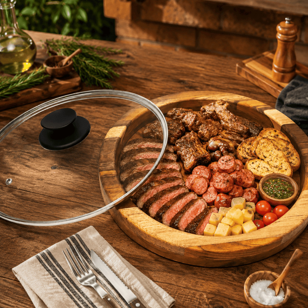 Gamela De Bambu Com Tampa De Vidro Sem Alça Travessa Para Carnes Churrasco Mesa Posta